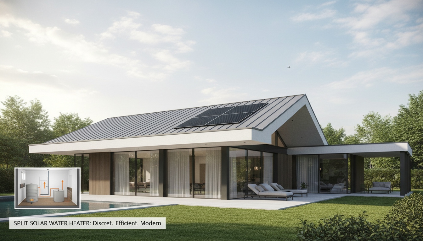 Modern house with roof-mounted solar collectors and a discreet split solar water heater layout for efficient hot water